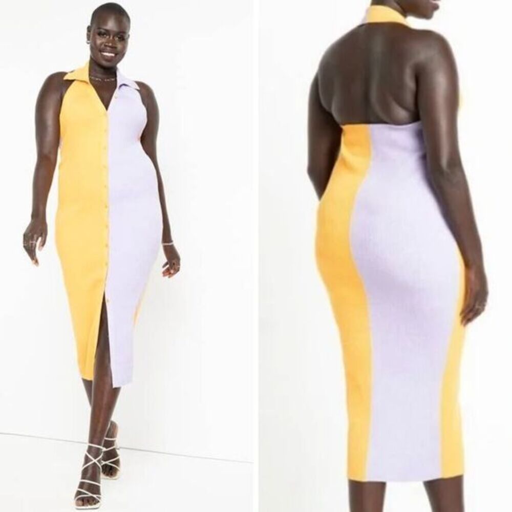 Eloquii Colorblocked Halter Sweater Dress in purple and yellow, size 18/20
